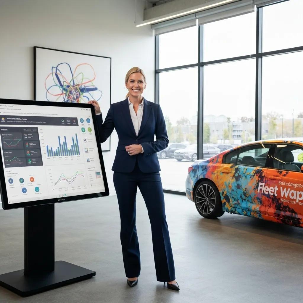 A business owner reviewing marketing analytics with a sharp-looking wrapped vehicle parked nearby, highlighting the cost-effectiveness of fleet wraps.