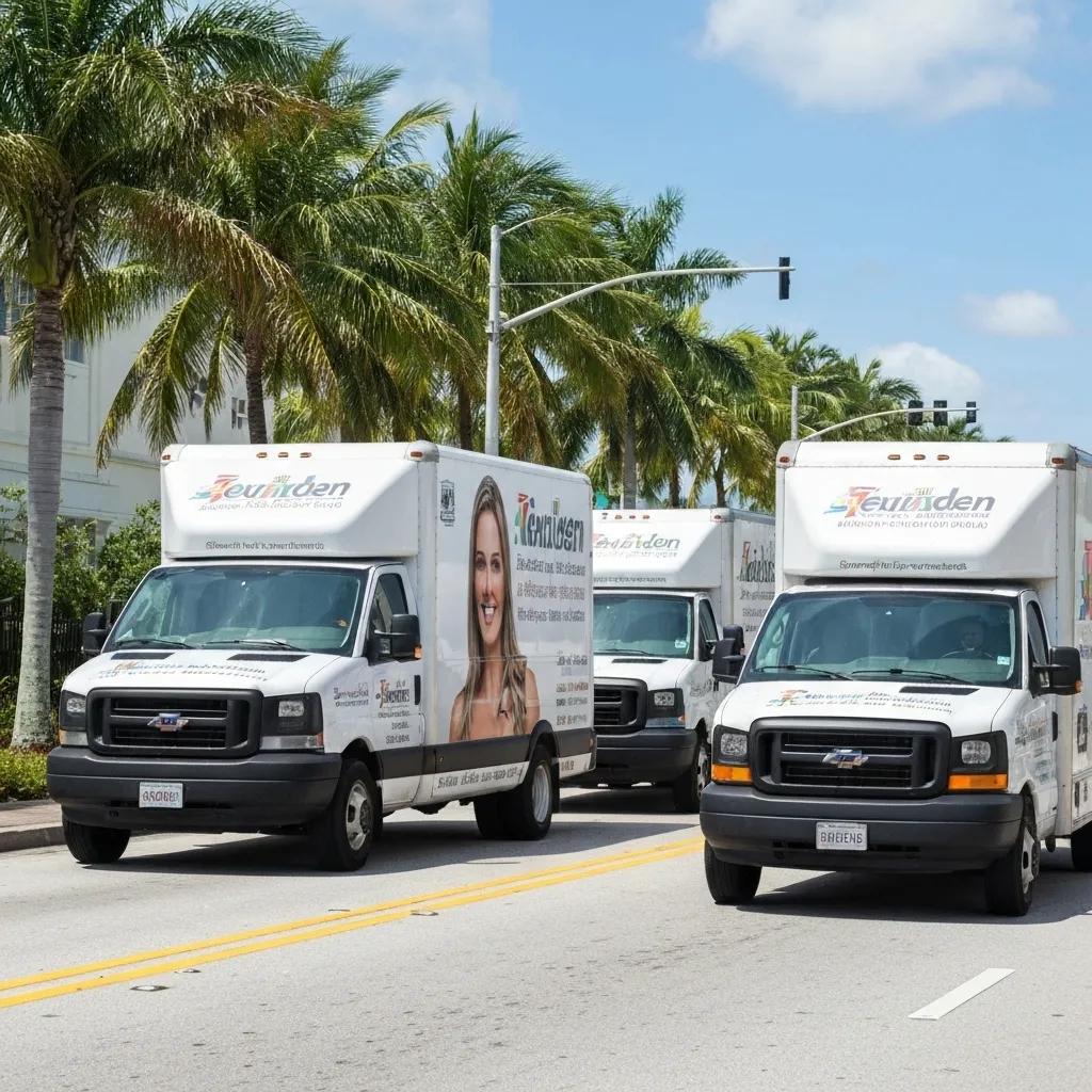 A fleet of vibrant, branded vehicles cruising through the bustling streets of South Florida, showcasing the power of mobile advertising.