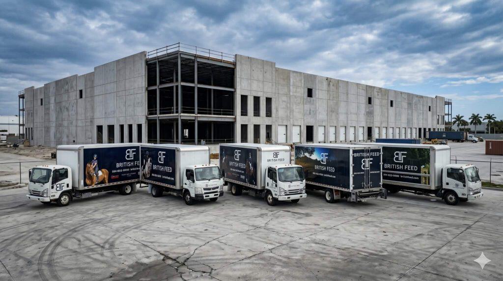 Fleet of CRD Wraps trucks parked in front of a large concrete building under construction.
