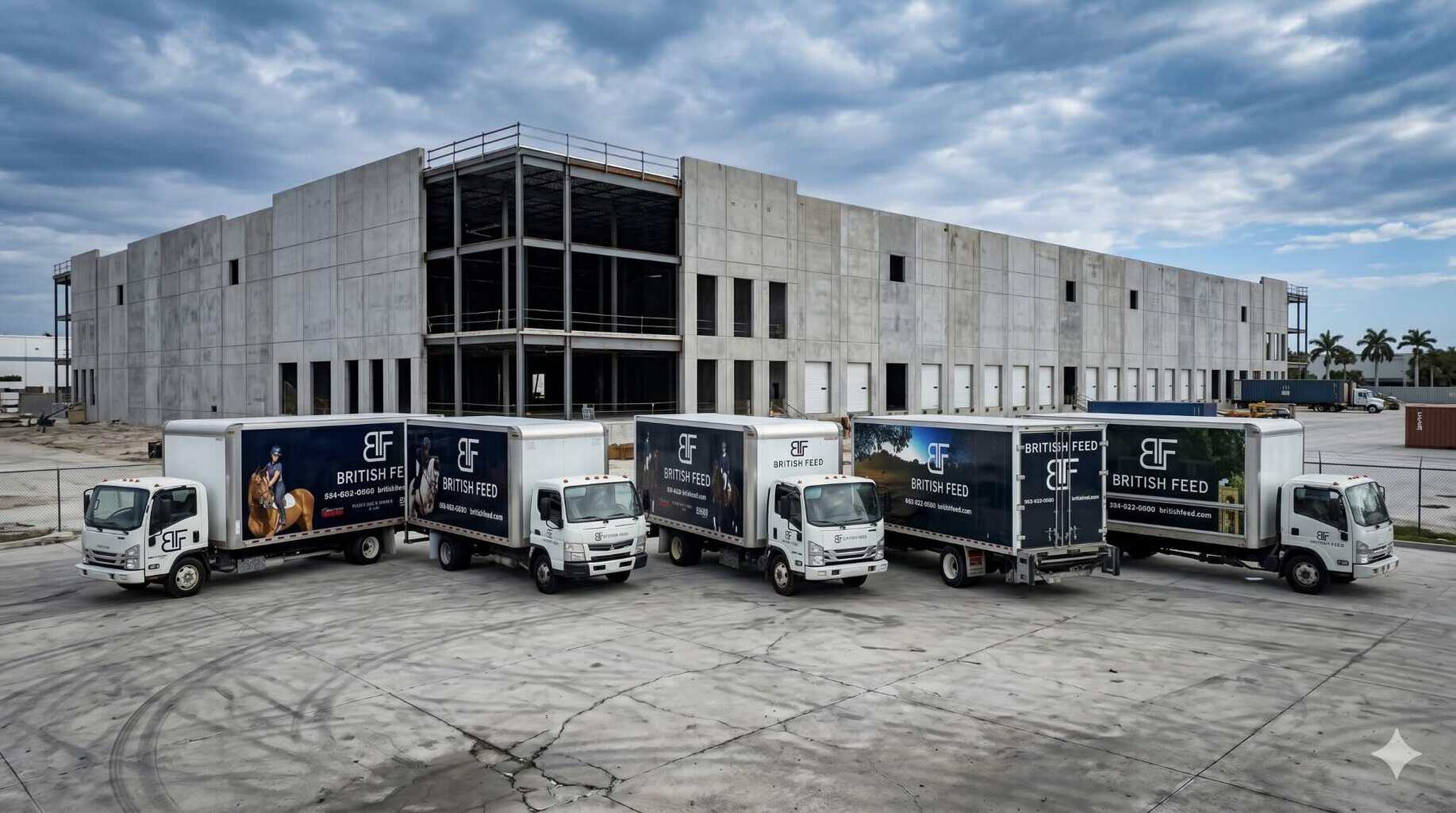 Fleet of CRD Wraps trucks parked in front of a large concrete building under construction.