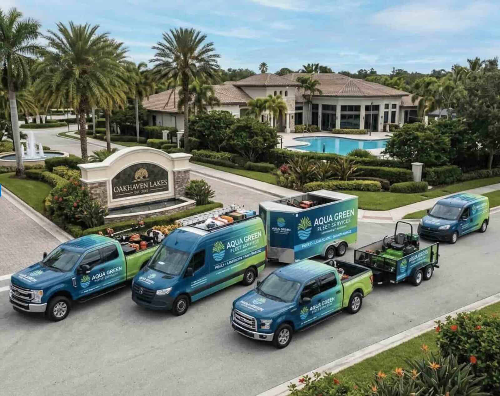 Custom-wrapped Aqua Green fleet vehicles at Oakhaven Lakes community.