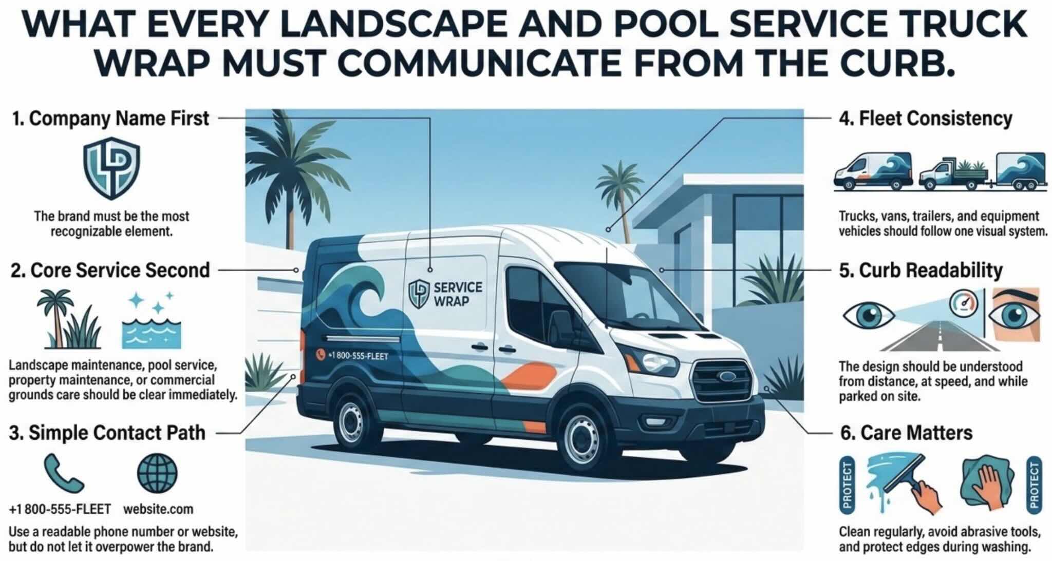 For landscape and pool service truck wraps, curb readability is the standard.