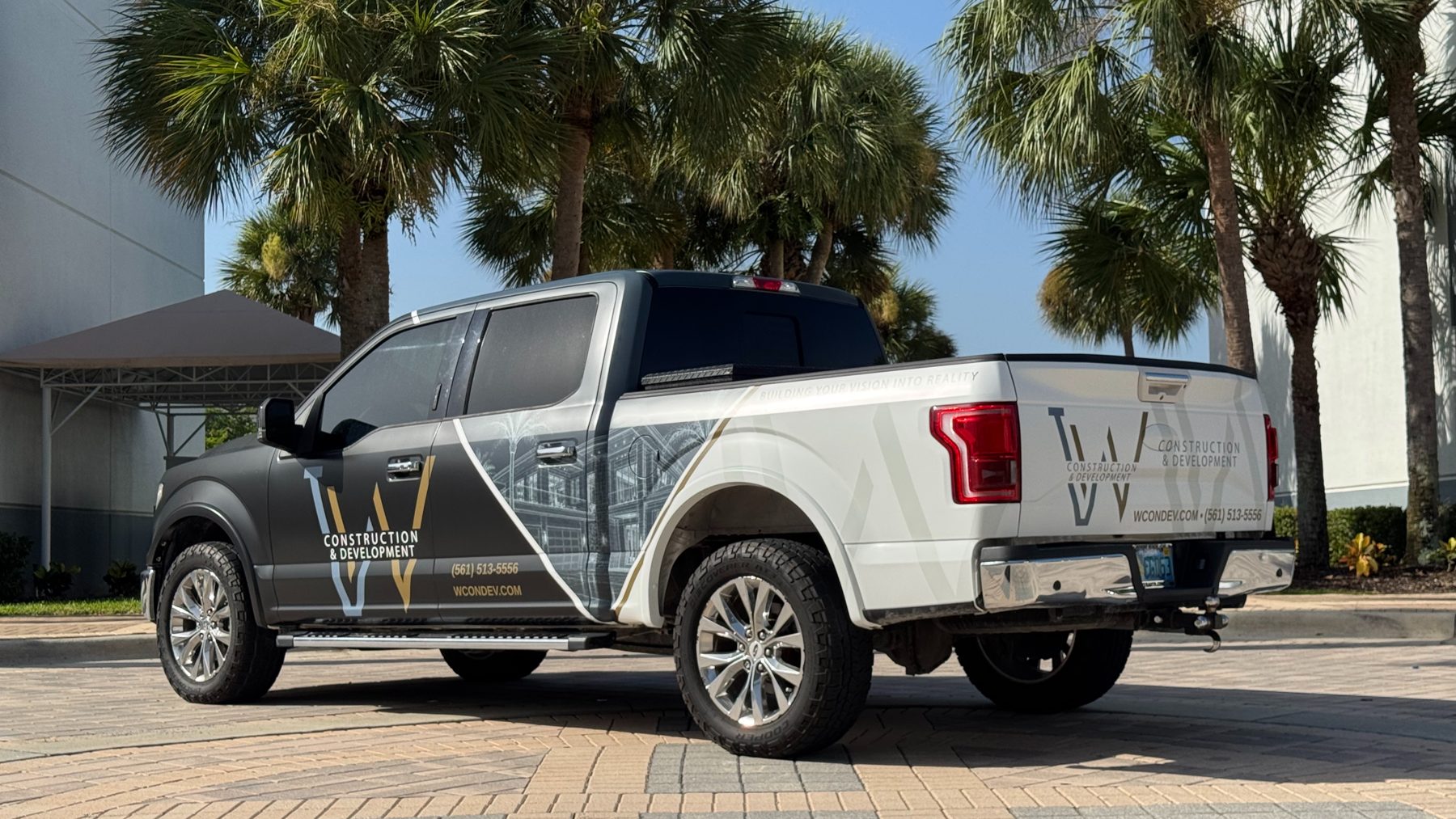 Full exterior Ford F-150 wrap designed by CRD Wraps for W Construction & Development