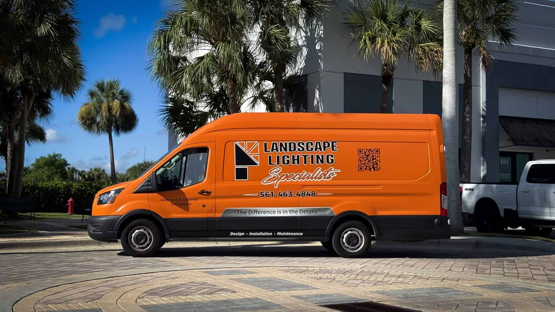 Landscape Lighting Specialists orange Ford Transit commercial fleet wrap in Palm Beach County